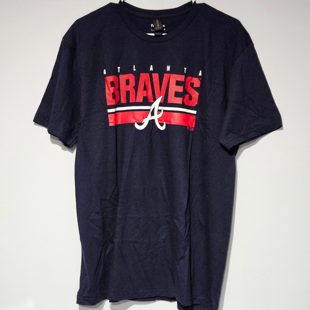 Fanatics Atlanta Braves MLB Mens Navy Blue Graphic T-Shirt Large Gildan Tee NWOT